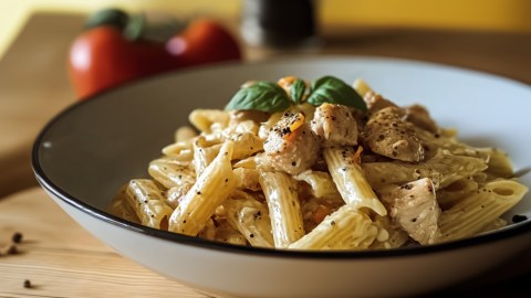 Ein Teller Honig-Pfeffer-Pasta mit Hähnchen, garniert mit Basilikum.