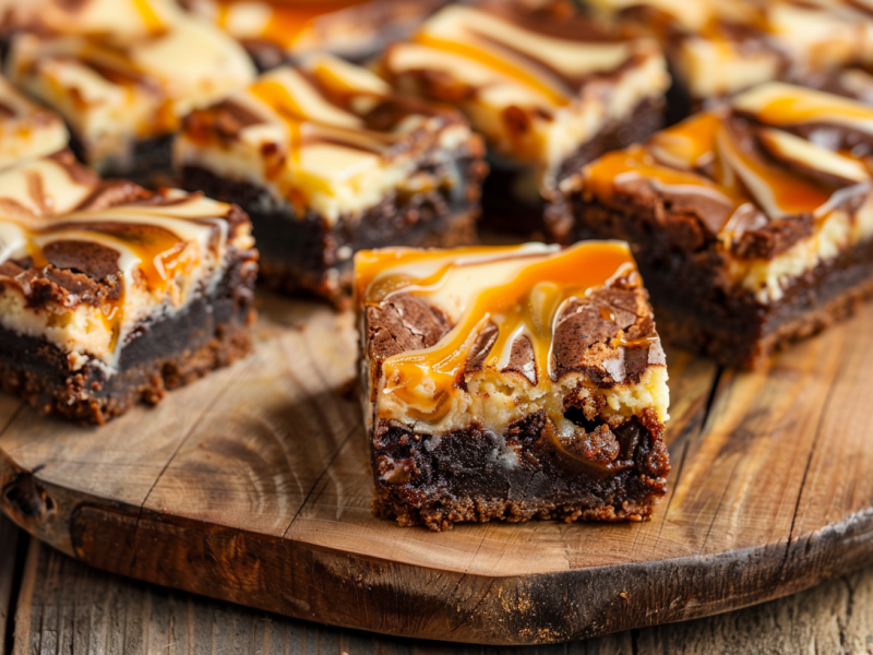 Mehrere Karamell-Käsekuchen-Brownies liegen auf einem runden Holzbrett, Sie bestehen aus einer saftigen Schokoschicht, einer cremigen Käsekuchenschicht und sind mit Karamell marmoriert.