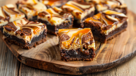 Mehrere Karamell-Käsekuchen-Brownies liegen auf einem runden Holzbrett, Sie bestehen aus einer saftigen Schokoschicht, einer cremigen Käsekuchenschicht und sind mit Karamell marmoriert.