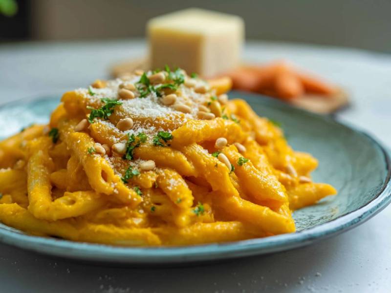 Teller mit karamellisierter Möhren-Pasta