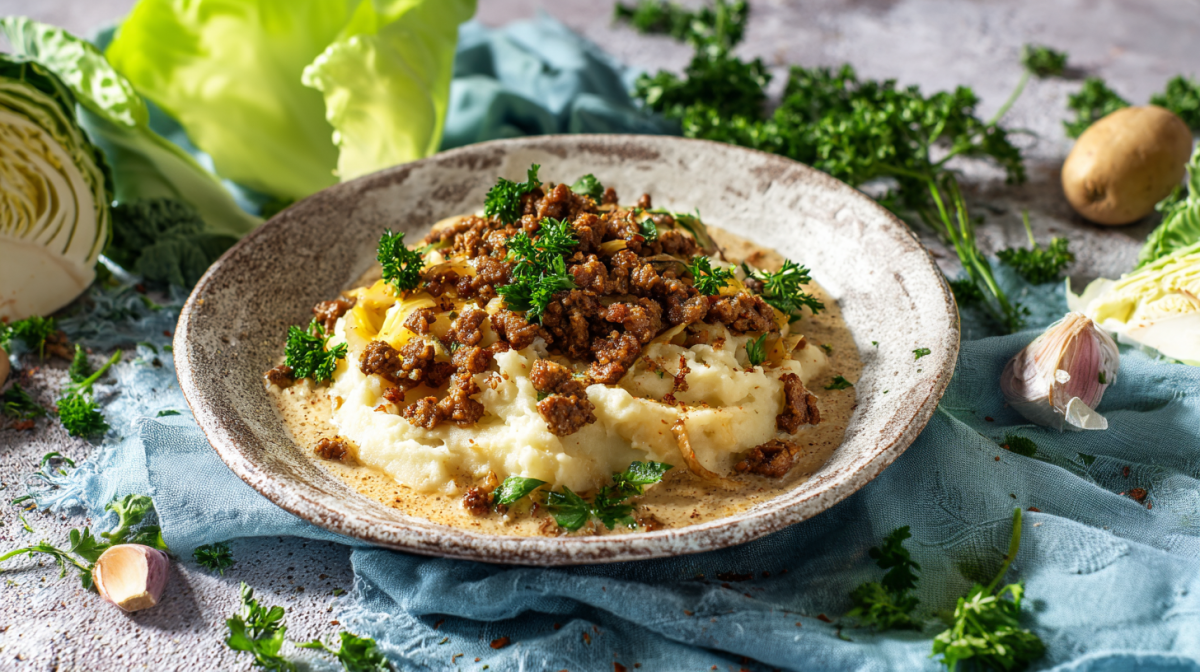 Ein Teller Kartoffel-Spitzkohl-Stampf mit Hack, garniert mit Petersilie.