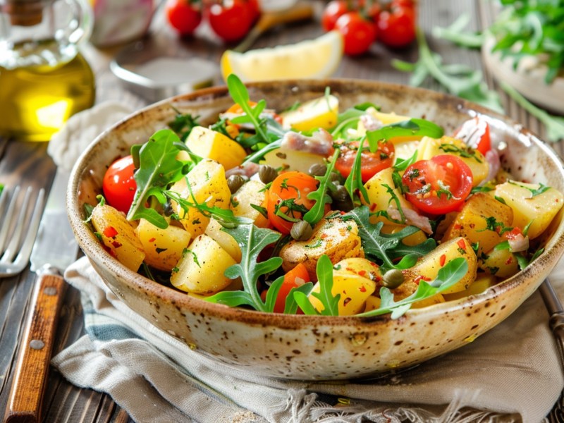 Eine tiefe große Schale mit Kartoffelsalat mit Kapern und Anchovis. Ringsum liegt Besteck verteilt sowie Rucola, Kirschtomaten, Olivenöl und ein Zitronenstück.