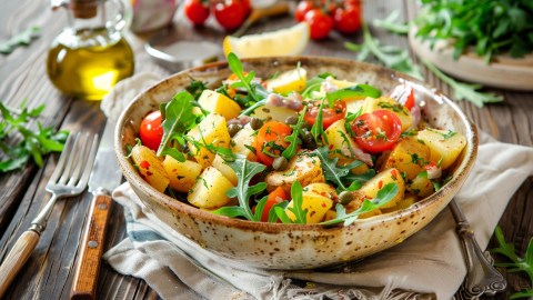 Eine tiefe große Schale mit Kartoffelsalat mit Kapern und Anchovis. Ringsum liegt Besteck verteilt sowie Rucola, Kirschtomaten, Olivenöl und ein Zitronenstück.