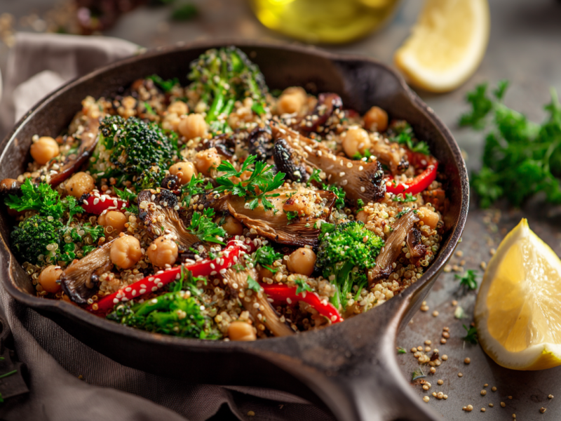 Eine Kichererbsen-Pilzpfanne auf grauem Untergrund. Um die Pfanne verteilt liegt Petersilie, Pilze und Zitronenspalten.