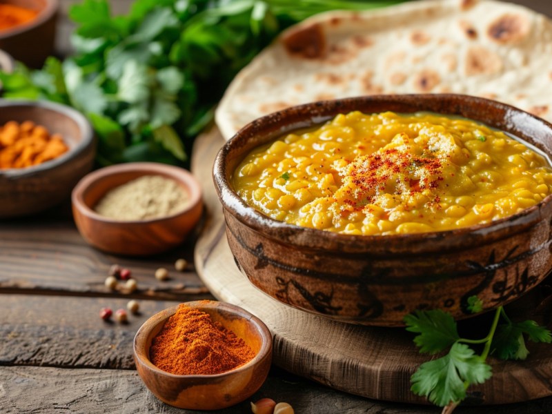 Eine Schale mit Kik Alicha, einem äthiopischen Eintopf aus gelben Erbsen. Die Schale steht auf einem Holzbrett. Im Hintergrund kann man Fladenbrot sowie weitere Schalen mit Gewürzen und einen Bund frische Kräuter erkennen.