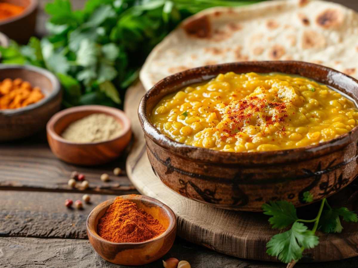 Eine Schale mit Kik Alicha, einem äthiopischen Eintopf aus gelben Erbsen. Die Schale steht auf einem Holzbrett. Im Hintergrund kann man Fladenbrot sowie weitere Schalen mit Gewürzen und einen Bund frische Kräuter erkennen.