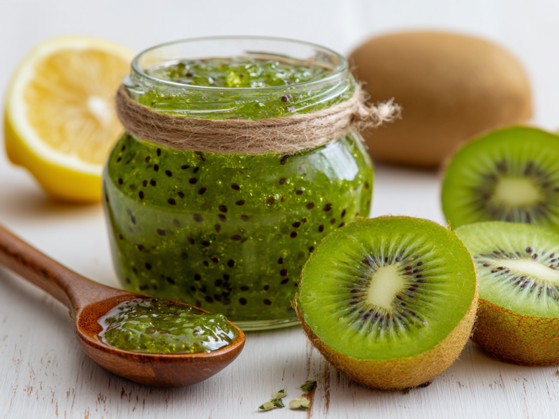 Ein Glas Kiwi-Marmelade steht auf einem weißen Holztisch. Rechts liegen mehrere Kiwis, links im Hintergrund eine Zitrone. Vor dem Glas liegt ein Holzlöffel mit Kiwi-Marmelade.