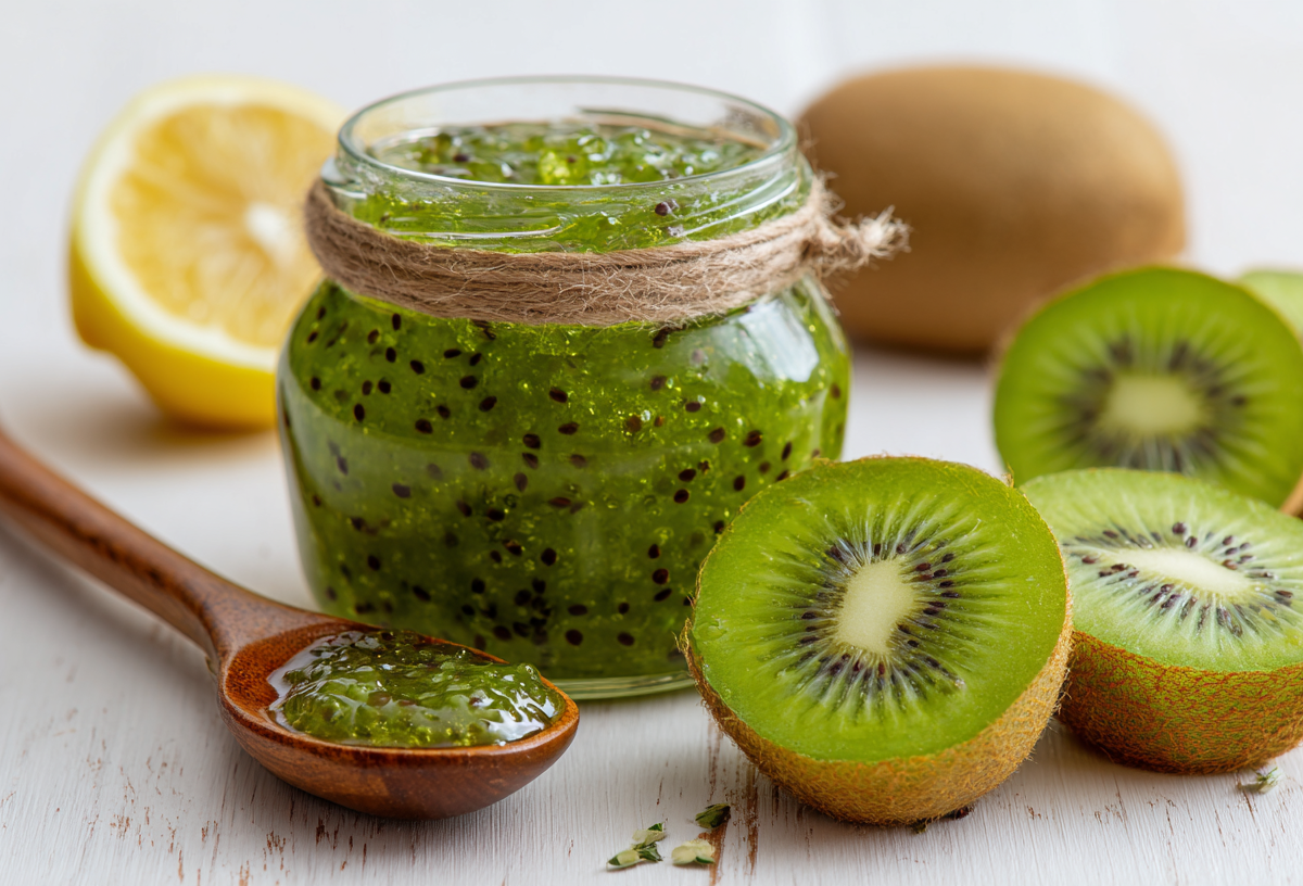 Ein Glas Kiwi-Marmelade steht auf einem weißen Holztisch. Rechts liegen mehrere Kiwis, links im Hintergrund eine Zitrone. Vor dem Glas liegt ein Holzlöffel mit Kiwi-Marmelade.