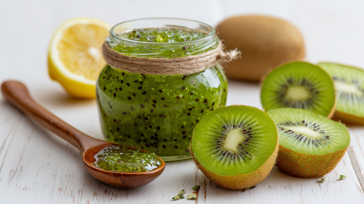 Ein Glas Kiwi-Marmelade steht auf einem weißen Holztisch. Rechts liegen mehrere Kiwis, links im Hintergrund eine Zitrone. Vor dem Glas liegt ein Holzlöffel mit Kiwi-Marmelade.