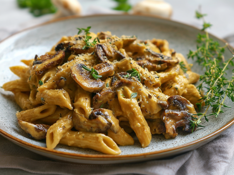 Eine Portion Knoblauch-Pilz-Pasta auf einem grauen Teller. Rechts neben den Nudeln liegen einige Zweige Thymian. Im Hintergrund sieht man einige Pilze.