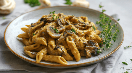 Eine Portion Knoblauch-Pilz-Pasta auf einem grauen Teller. Rechts neben den Nudeln liegen einige Zweige Thymian. Im Hintergrund sieht man einige Pilze.