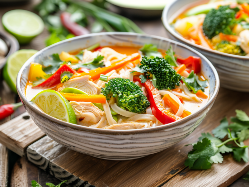 Zwei Schalen Kokos-Curry-Nudelsuppe auf einem Holzbrett auf einem Holztisch. Im Hintergrund sieht man noch weitere Zutaten wie Chili, Brokkoli, Limetten und Koriander.