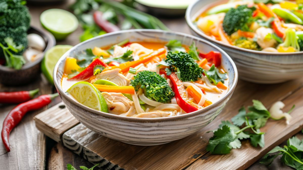 Zwei Schalen Kokos-Curry-Nudelsuppe auf einem Holzbrett auf einem Holztisch. Im Hintergrund sieht man noch weitere Zutaten wie Chili, Brokkoli, Limetten und Koriander.