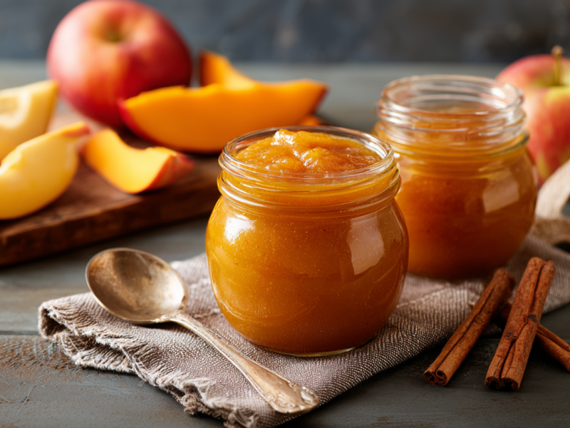 Zwei Gläser mit Kürbis-Apfel-Zimt-Marmelade stehen auf einer Stoffserviette. Daneben liegen ein Löffel und einige Zimtstangen.