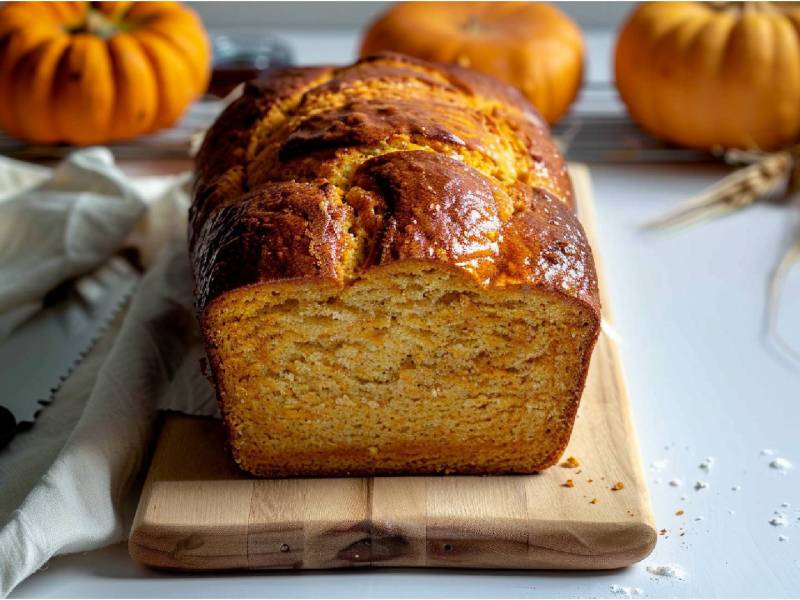 ein angeschnittenes Kürbis-Brioche auf einem Tisch