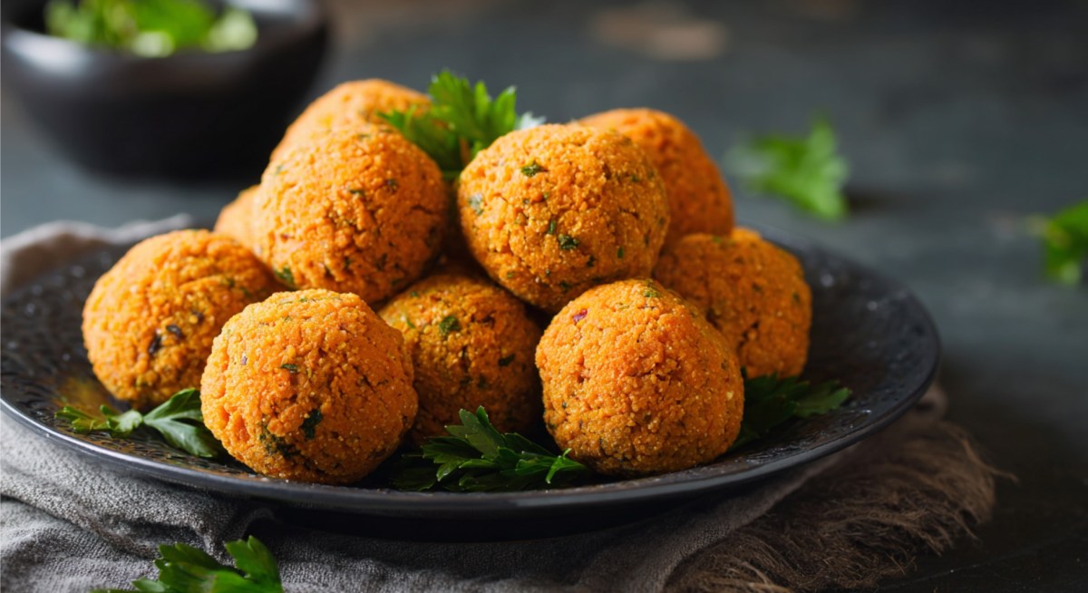 Mehrere Kürbis-Falafel auf einem Teller.