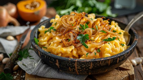 Eine Schale mit Kürbis-Käsespätzle, die mit karamellisierten Zwiebeln garniert sind. Im Hintergrund kann man einen halben Kürbis und frische Kräuter erkennen. Die Schale steht in einem stylischen Küchensetting.