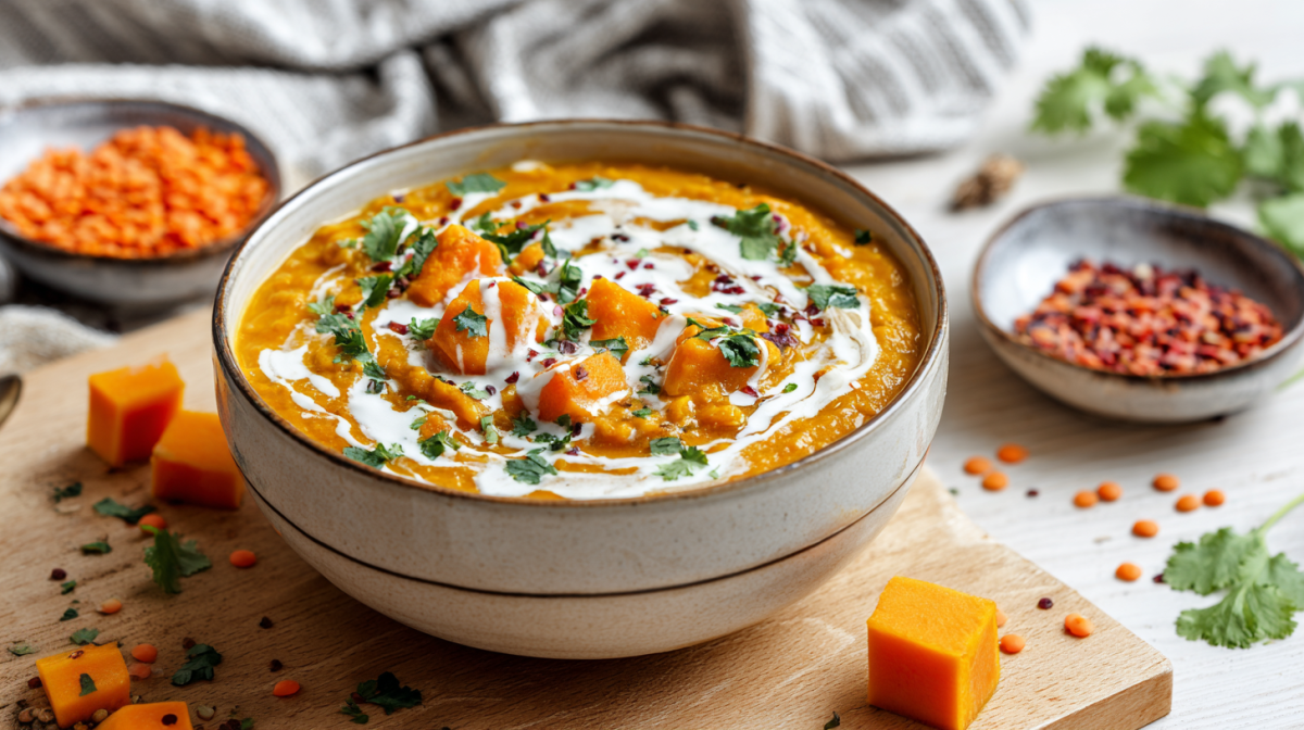 Eine Schale Kürbis-Linsen-Curry mit Koriander.