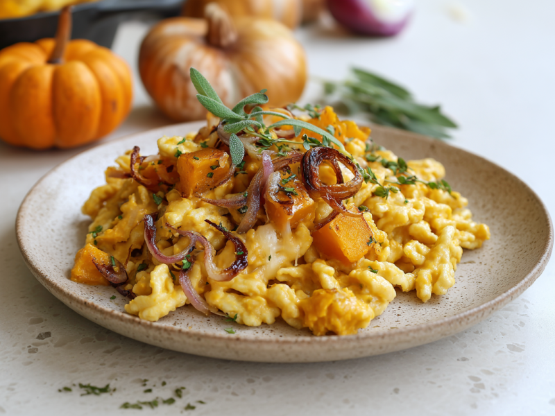 Kürbis-Salbei-Spätzle auf einem Keramikteller. Im Hintergrund sieht man von rechts nach links eine Zwiebel, zwei Kürbisse und etwas frischen Salbei.