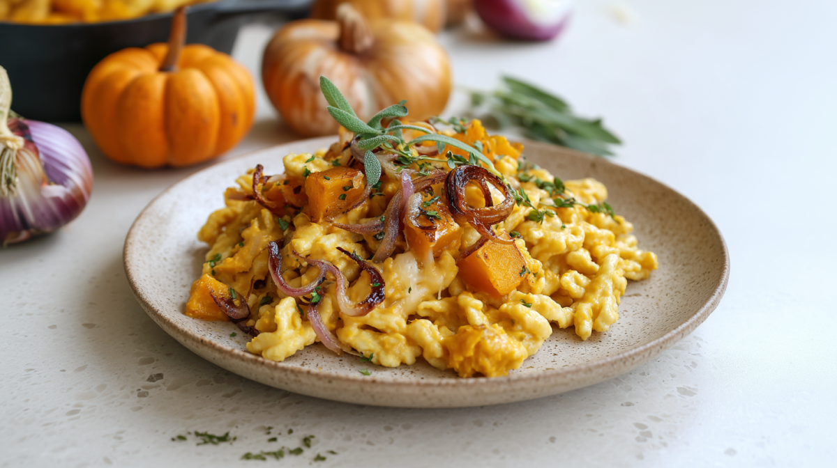 Kürbis-Salbei-Spätzle auf einem Keramikteller. Im Hintergrund sieht man von rechts nach links eine Zwiebel, zwei Kürbisse und etwas frischen Salbei.