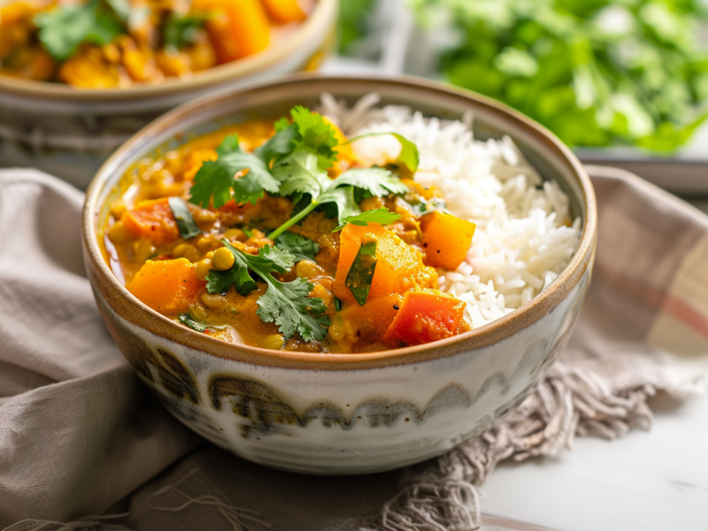 Eine Schüssel mit Kürbis-Sambar. Es ist angerichtet mit Reis und mit frischem Koriander. Im Hintergrund sieht man eine weitere Schale mit dem Gericht und mehr Koriander.