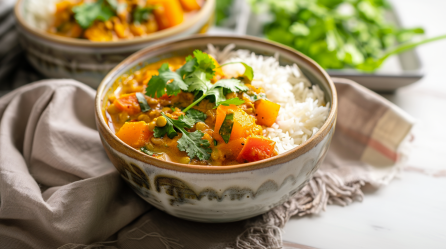 Eine Schüssel mit Kürbis-Sambar. Es ist angerichtet mit Reis und mit frischem Koriander. Im Hintergrund sieht man eine weitere Schale mit dem Gericht und mehr Koriander.