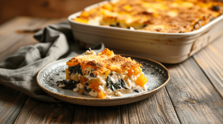 Ein Stück Kürbis-Spinat-Gratin auf einem Keramikteller. Im Hintergrund sieht man die Auflaufform mit dem restlichen Gratin.