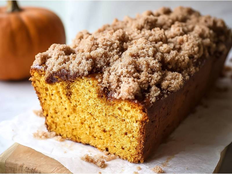 angeschnittener Kürbiskuchen mit Zimtstreuseln, ein Kürbis im Hintergrund