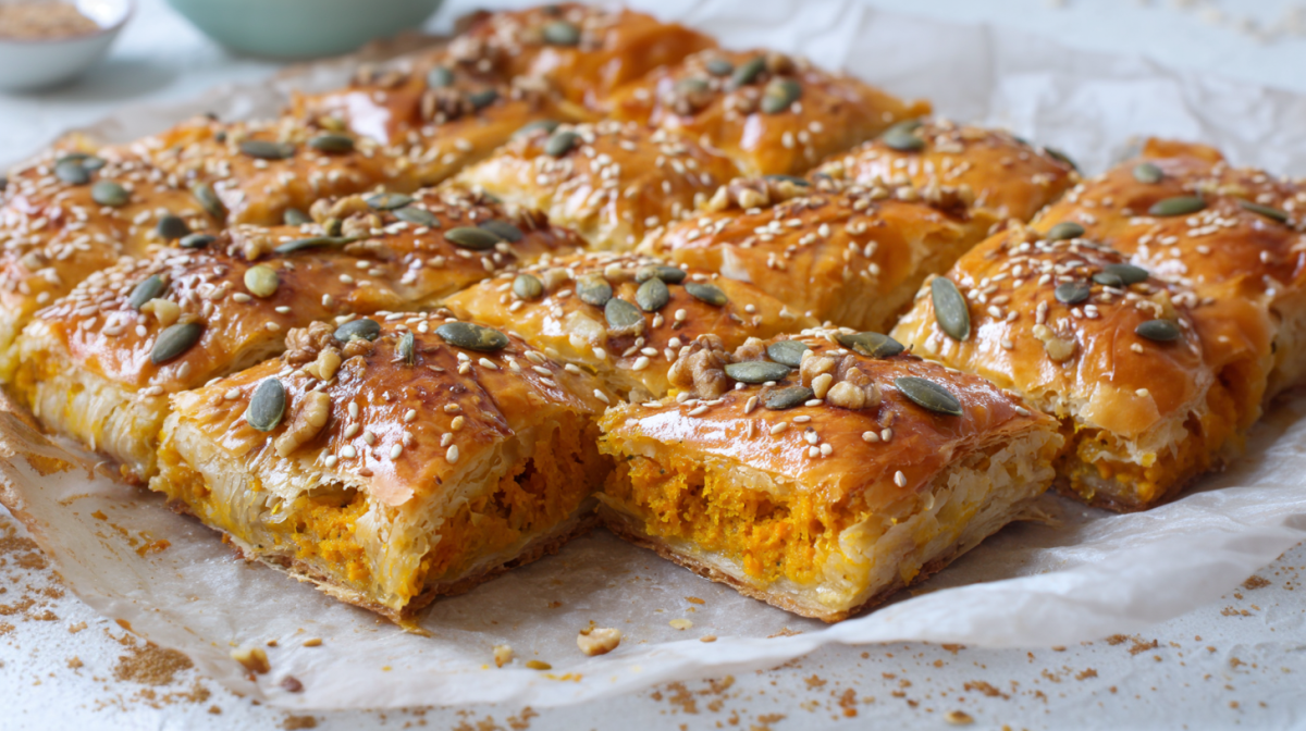 Ein, in Stücke geschnittener Kürbiskuchen vom Blech. Er ist mit gehackten Walnusskernen, Kürbiskernen und Sesam bestreut. Im Hintergrund sind zwei kleine Schalen zu sehen.