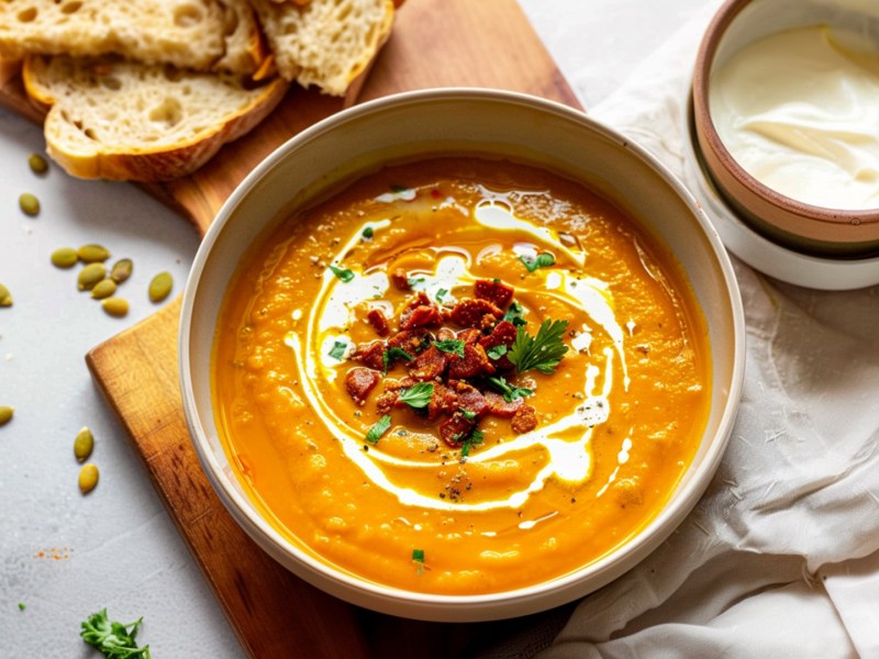 Draufsicht: Eine Teller mit Kürbissuppe mit Chorizo. Ringsum kann man Kürbiskerne, frische Scheiben Baguette und eine kleine Schüssel mit Schmand oder Ähnlichem sehen.