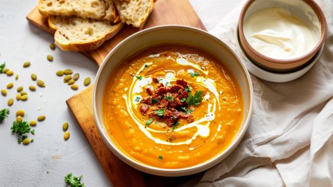 Draufsicht: Eine Teller mit Kürbissuppe mit Chorizo. Ringsum kann man Kürbiskerne, frische Scheiben Baguette und eine kleine Schüssel mit Schmand oder Ähnlichem sehen.