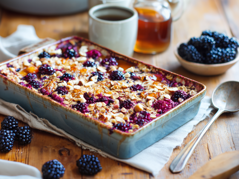 Eine Auflaufform mit Kürbis-Brombeer-Baked-Oats auf einem Holztisch. Davor liegen einige Brombeeren. Rechts daneben liegt ein Löffel. Im Hintergrund stehen von rechts nach links ein Keramikbecher Kaffee, eine Flasche Ahornsirup sowie ein weiteres Schälchen mit noch mehr Brombeeren.