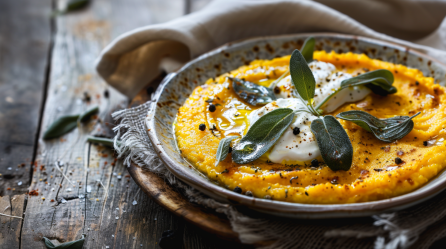 Ein Teller mit Kürbis-Polenta mit Salbeibutter.