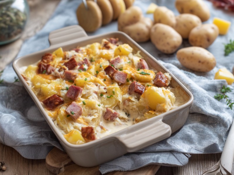 Ein Leberkäse-Auflauf in der Draufsicht. Drumherum sind frische Zutaten zu sehen.