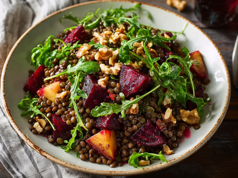 Eine Schüssel voll mit Linsensalat mit Rote Bete und Walnuss, angerichtet mit Rucola.