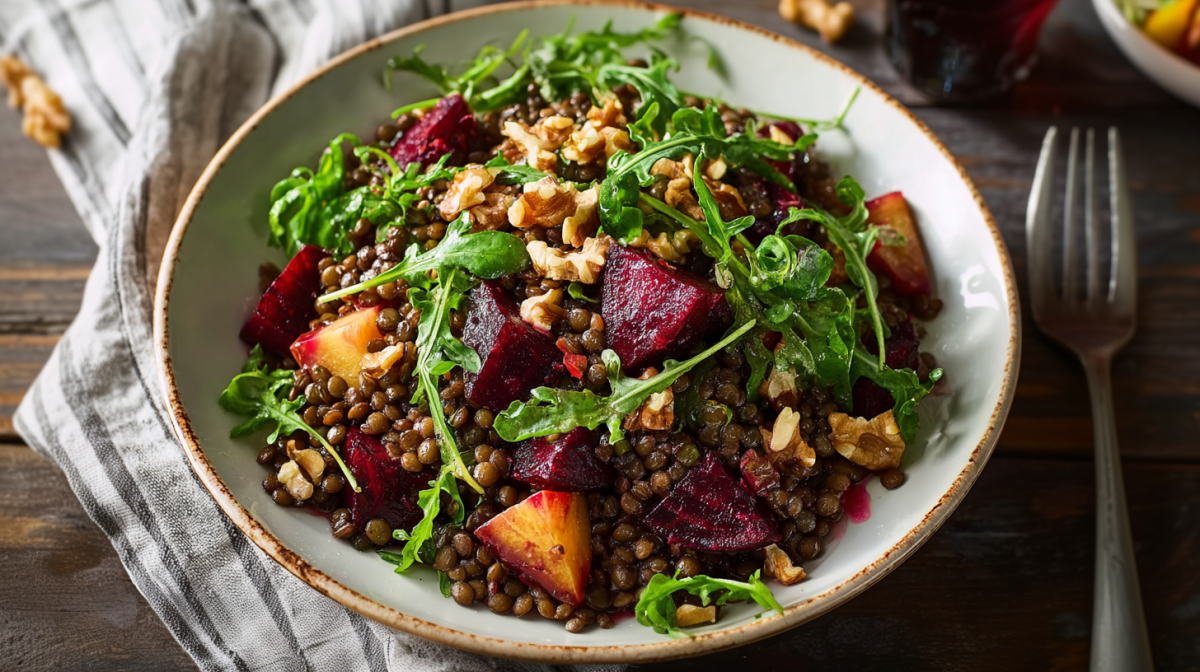 Eine Schüssel voll mit Linsensalat mit Rote Bete und Walnuss, angerichtet mit Rucola.