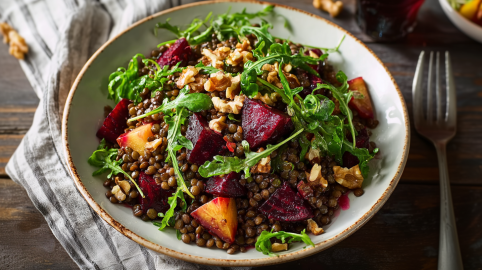 Eine Schüssel voll mit Linsensalat mit Rote Bete und Walnuss, angerichtet mit Rucola.