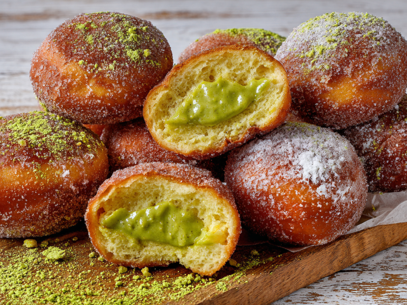 Mehrere Matcha-Krapfen liegen auf einem Holzbrett. Einer ist aufgeschnitten und gibt den Blick auf die cremige Füllung frei.