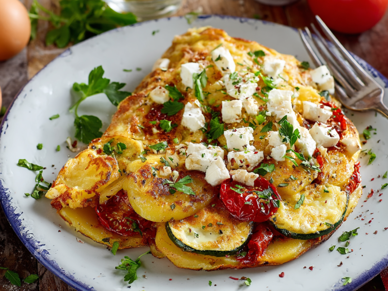 Ein mediterranes Bauernfrühstück auf einem hellen Teller, serviert mit Tomaten und Feta.