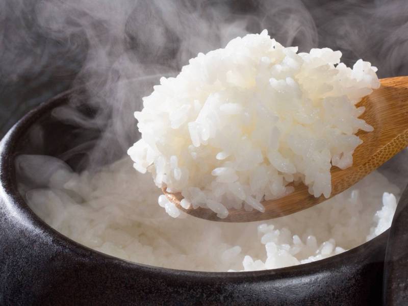 Nahaufnahme eines Holzlöffels mit gekochtem Reis auf dem Mikrowellen-Reiskocher.
