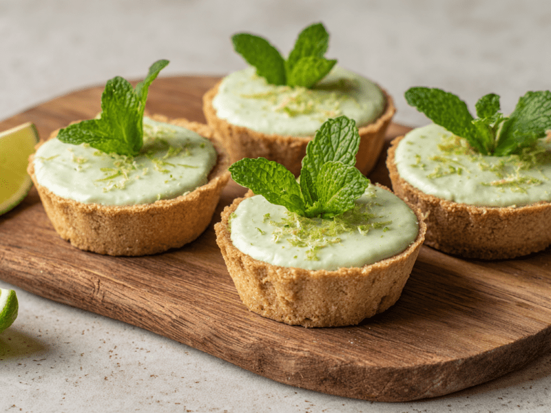 Vier Mini-Mojito-Tartes stehen auf einem Holzbrett. Neben ihnen liegen zwei Limettenspalten.