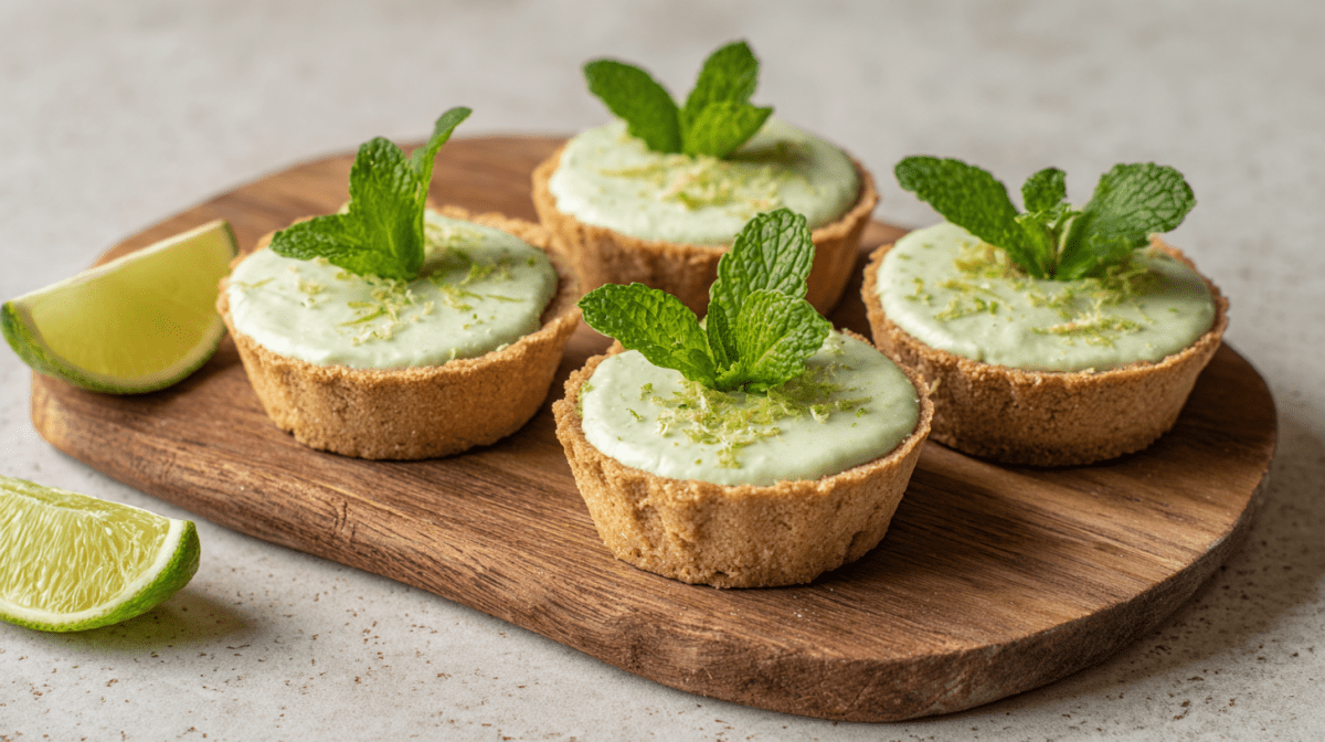 Vier Mini-Mojito-Tartes stehen auf einem Holzbrett. Neben ihnen liegen zwei Limettenspalten.