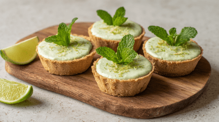 Vier Mini-Mojito-Tartes stehen auf einem Holzbrett. Neben ihnen liegen zwei Limettenspalten.