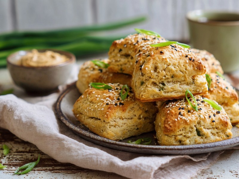 Ein Teller mit einem Stapel Miso-Scones, die mit Sesam und Frühlingszwiebeln garniert sind. Im Hintergrund kann man frische Frühlingszwiebeln, eine Schale mit heller Miso-Paste und einen Trinkbecher aus Keramik sehen.