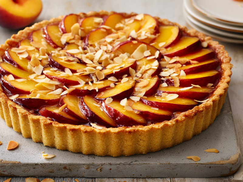 Eine Nektarinentarte auf einem grauen Untersetzer auf einem Holztisch. Hinten links liegt eine Nektarine und rechts im Bild einige Teller.