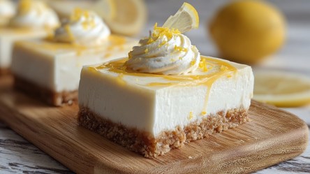Mehrere Stücke No-bake-Zitronen-Cheesecake auf einem Holzbrett.