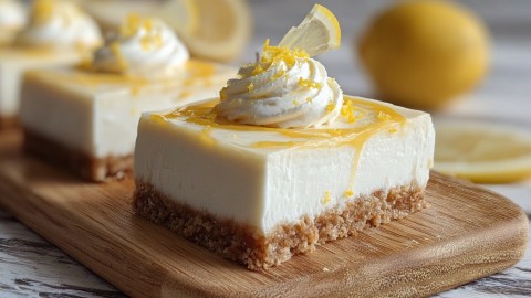 Mehrere Stücke No-bake-Zitronen-Cheesecake auf einem Holzbrett.