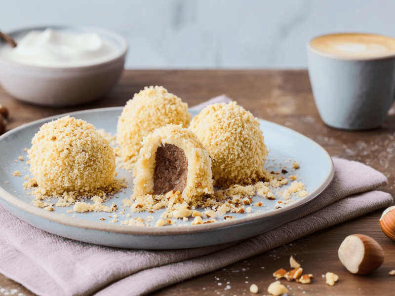 Ein Teller mit Nougatknödel steht auf einer Stoffserviette. Im Hintergrund ist ein Kaffee und eine Schale mit Sahne zu sehen. Haselnüsse liegen um den Teller herum.