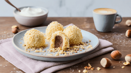 Ein Teller mit Nougatknödel steht auf einer Stoffserviette. Im Hintergrund ist ein Kaffee und eine Schale mit Sahne zu sehen. Haselnüsse liegen um den Teller herum.