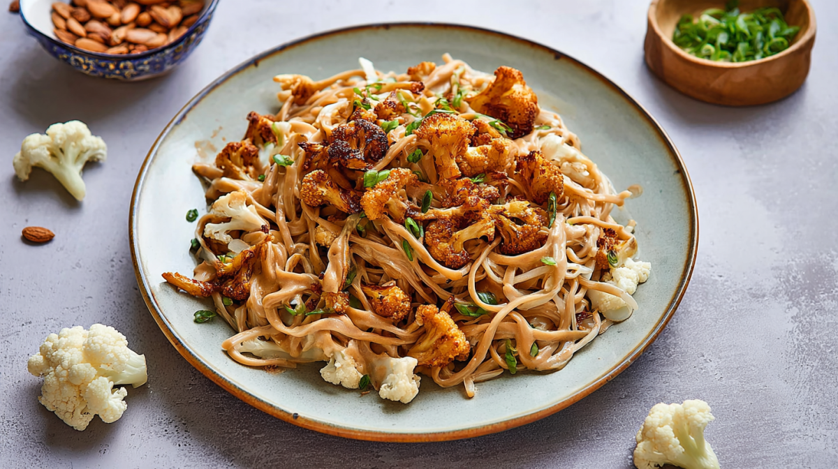 Ein Teller Nudeln mit Blumenkohl und Erdnussbutter.